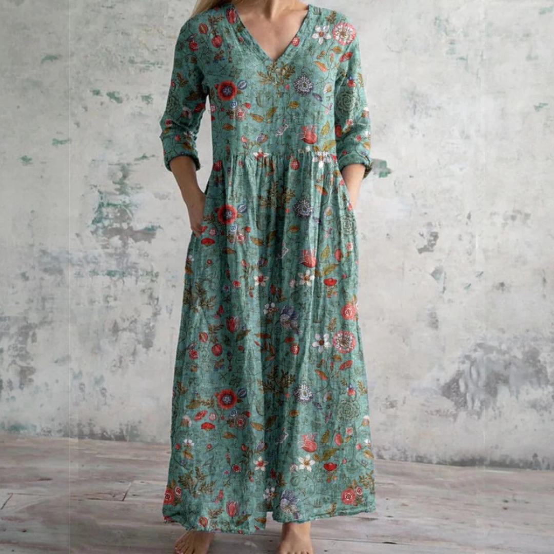 Fiona™ | Blomsteret Linned-Bomulds Kjole