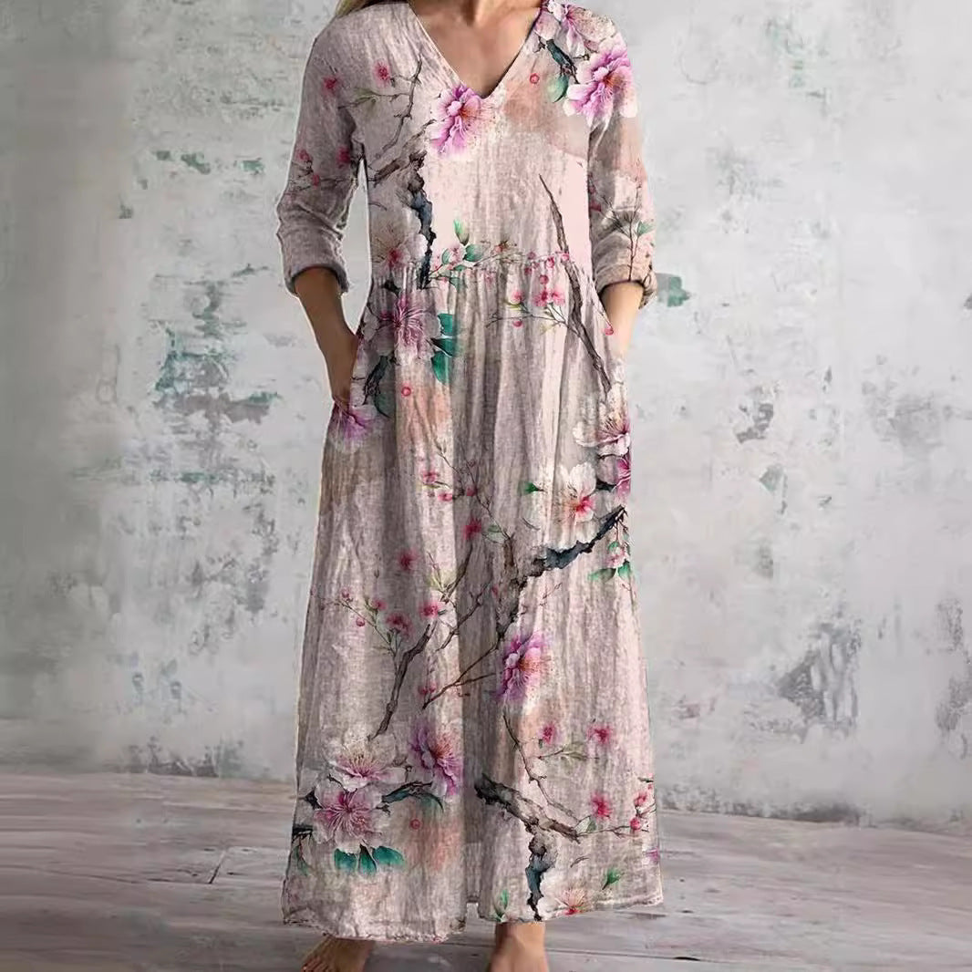 Fiona™ | Blomsteret Linned-Bomulds Kjole