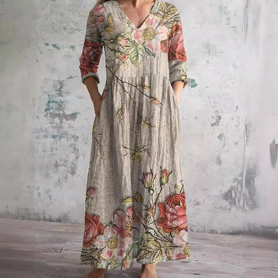 Fiona™ | Blomsteret Linned-Bomulds Kjole
