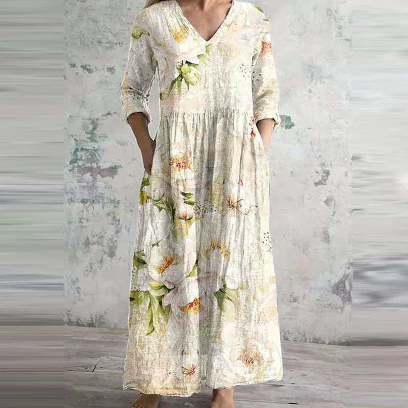 Fiona™ | Blomsteret Linned-Bomulds Kjole