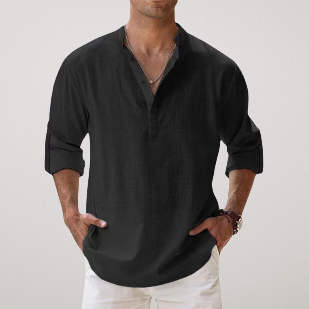 Alva™ - Henley skjorte i bomuld med linned effekt