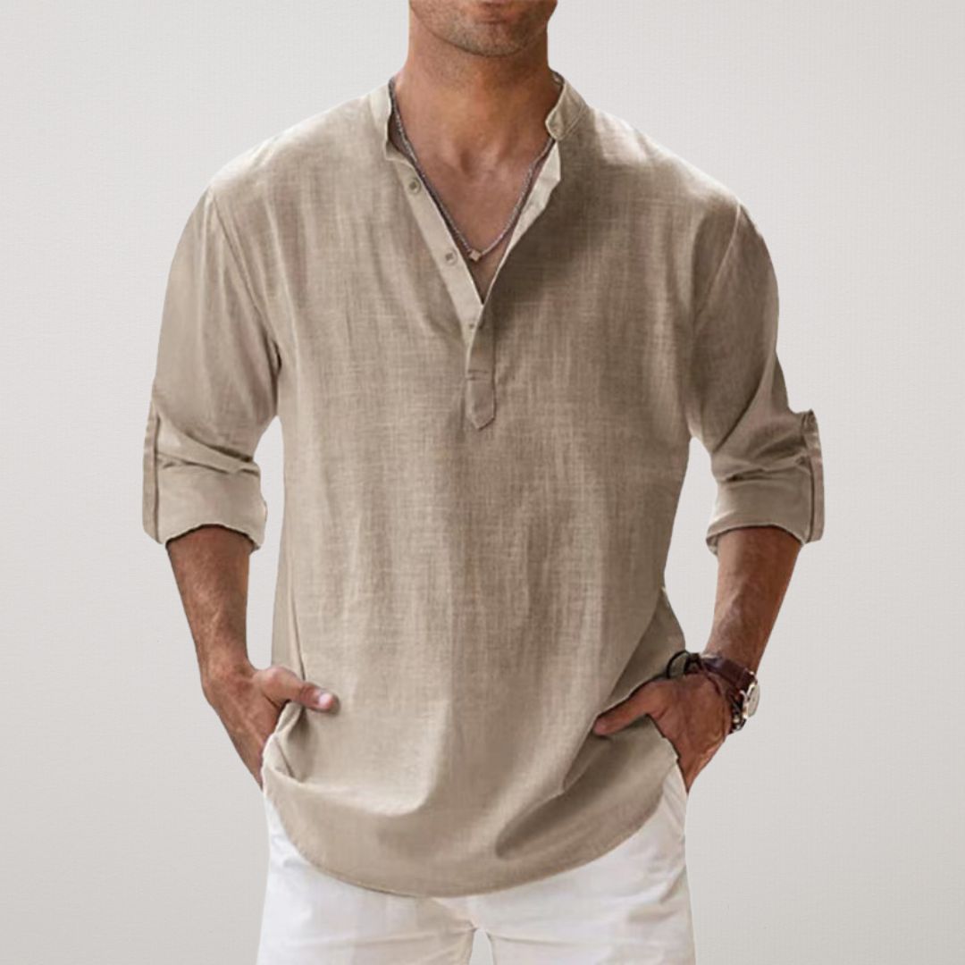 Alva™ - Henley skjorte i bomuld med linned effekt
