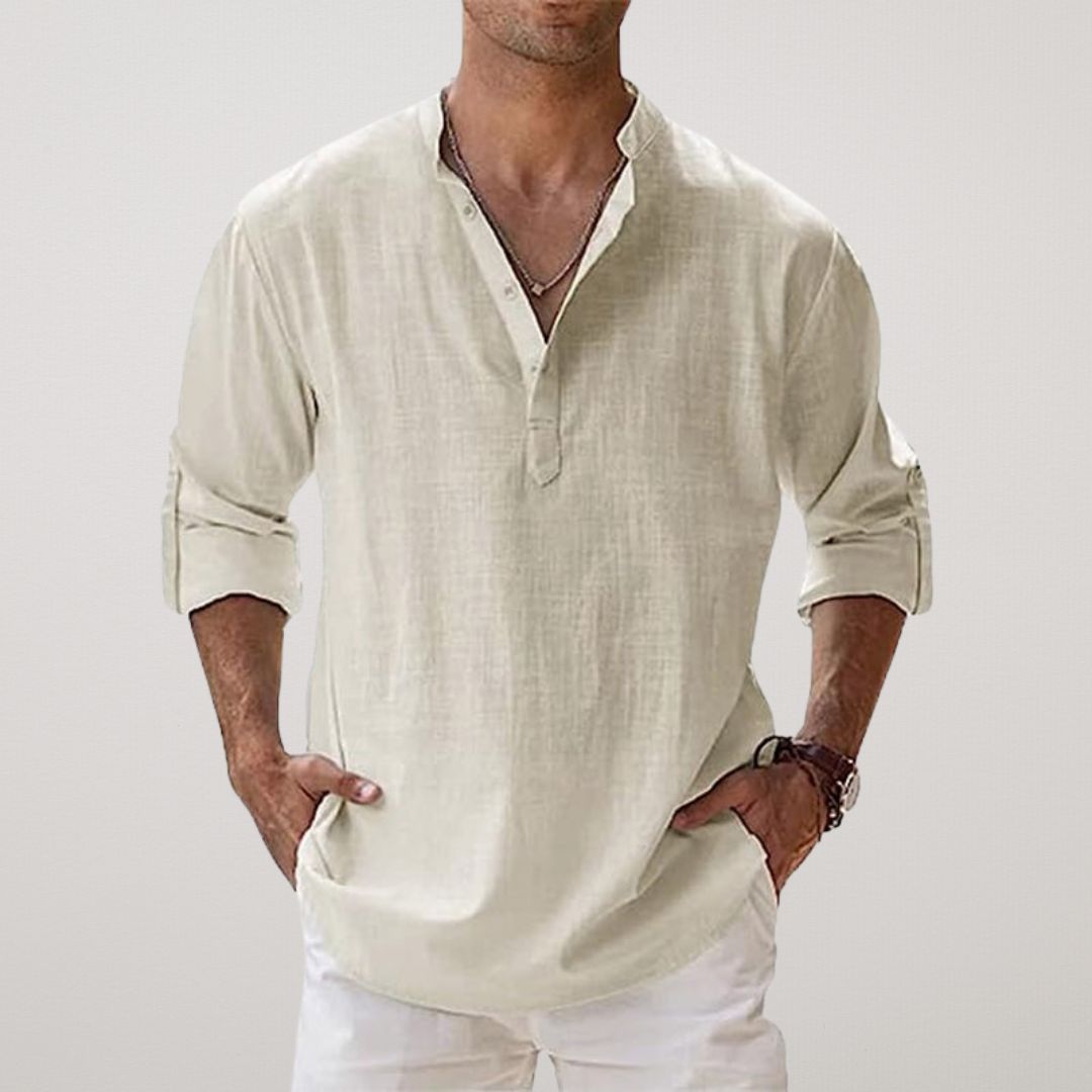 Alva™ - Henley skjorte i bomuld med linned effekt