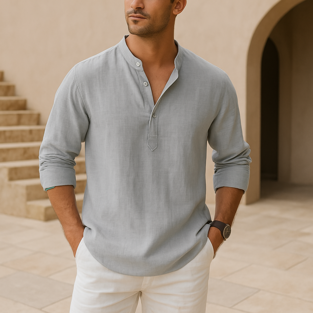 Alva™ - Henley skjorte i bomuld med linned effekt