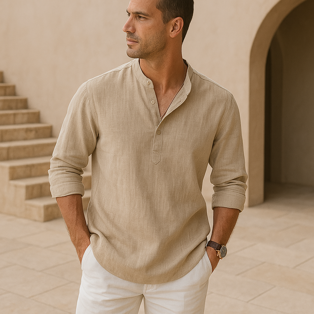 Alva™ - Henley skjorte i bomuld med linned effekt