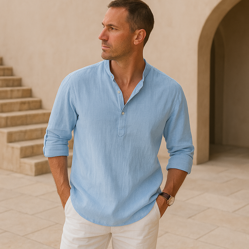 Alva™ - Henley skjorte i bomuld med linned effekt